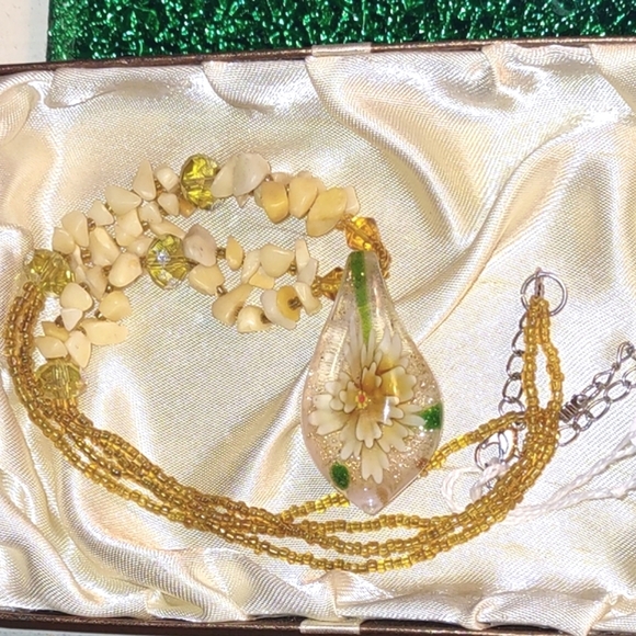 Murano Fused Glass Pendant on Yellow Beaded Necklace - Picture 10 of 14